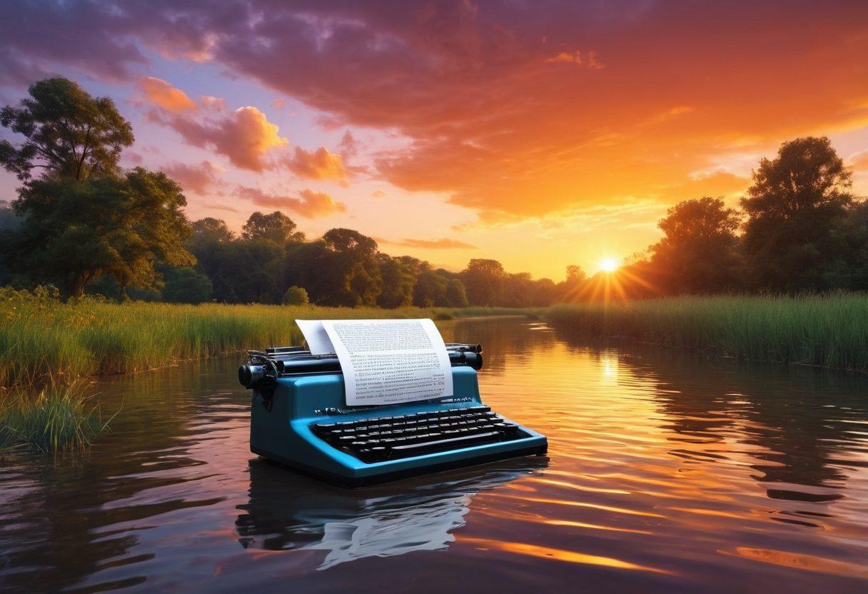 A flowing river of words transforming from colorful blog posts on one bank to formal news articles on the other, symbolizing the journey of online writing. Include diverse writers with laptops on the riverbanks, exchanging ideas and inspiration. The sky transitions from a sunrise over the blogs to a clear midday for the news, illustrating growth and clarity. Incorporate elements like typewriters and digital screens for a retro-modern fusion. vibrant colors. 3D.